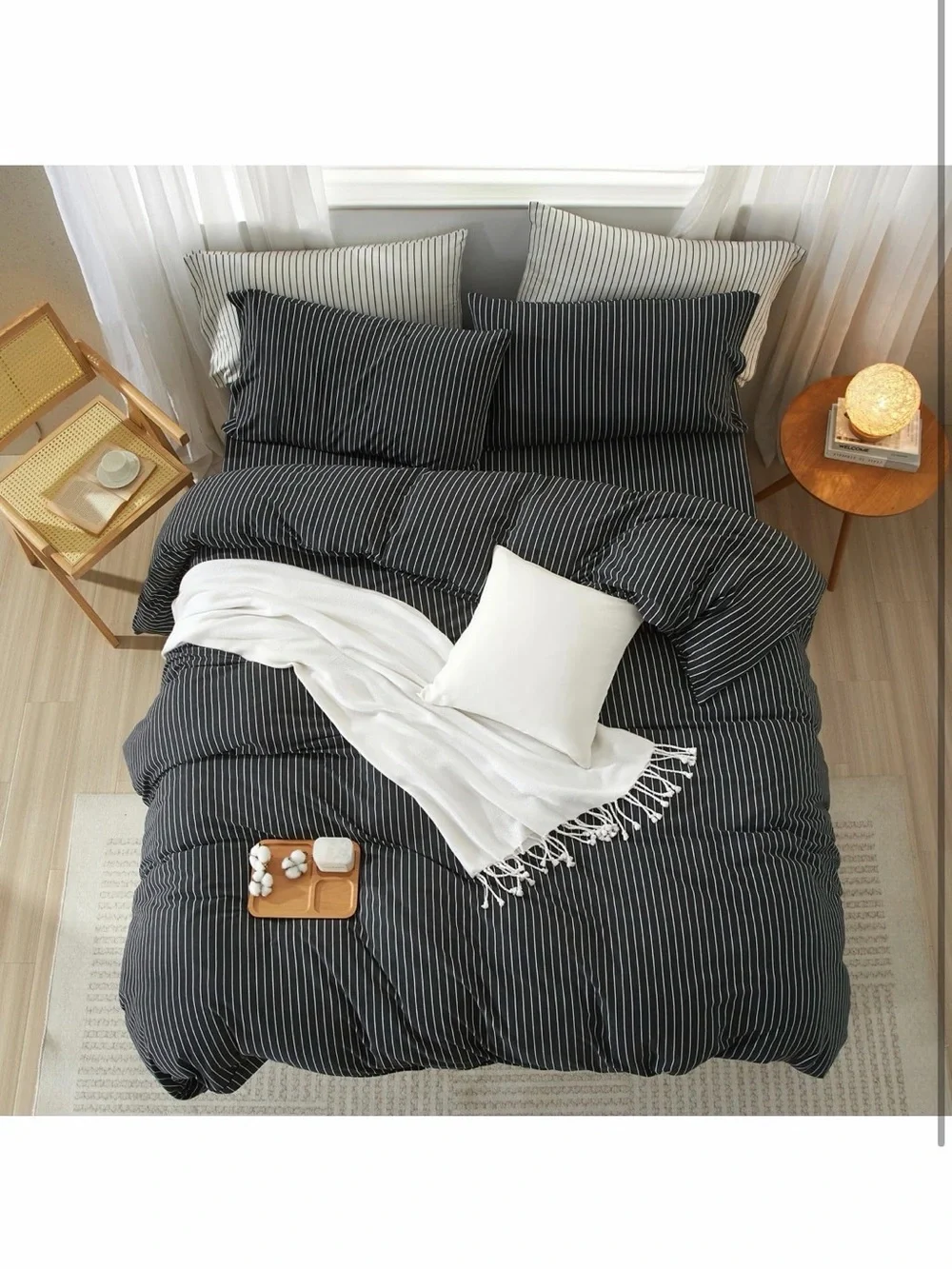 Heathered Charcoal White Stripes King Jersey Knit Cotton Duvet Cover Set